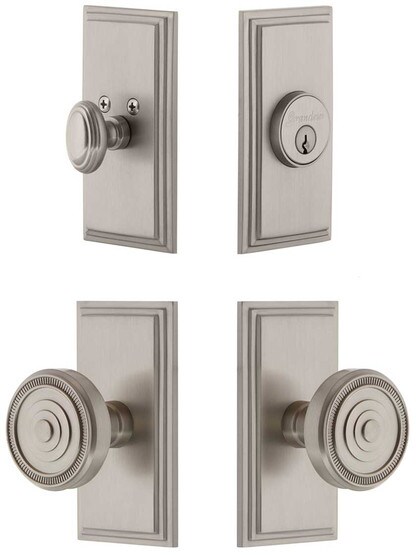Grandeur Carre Entry Door Set, Keyed Alike with Soleil Knobs in Satin Nickel.